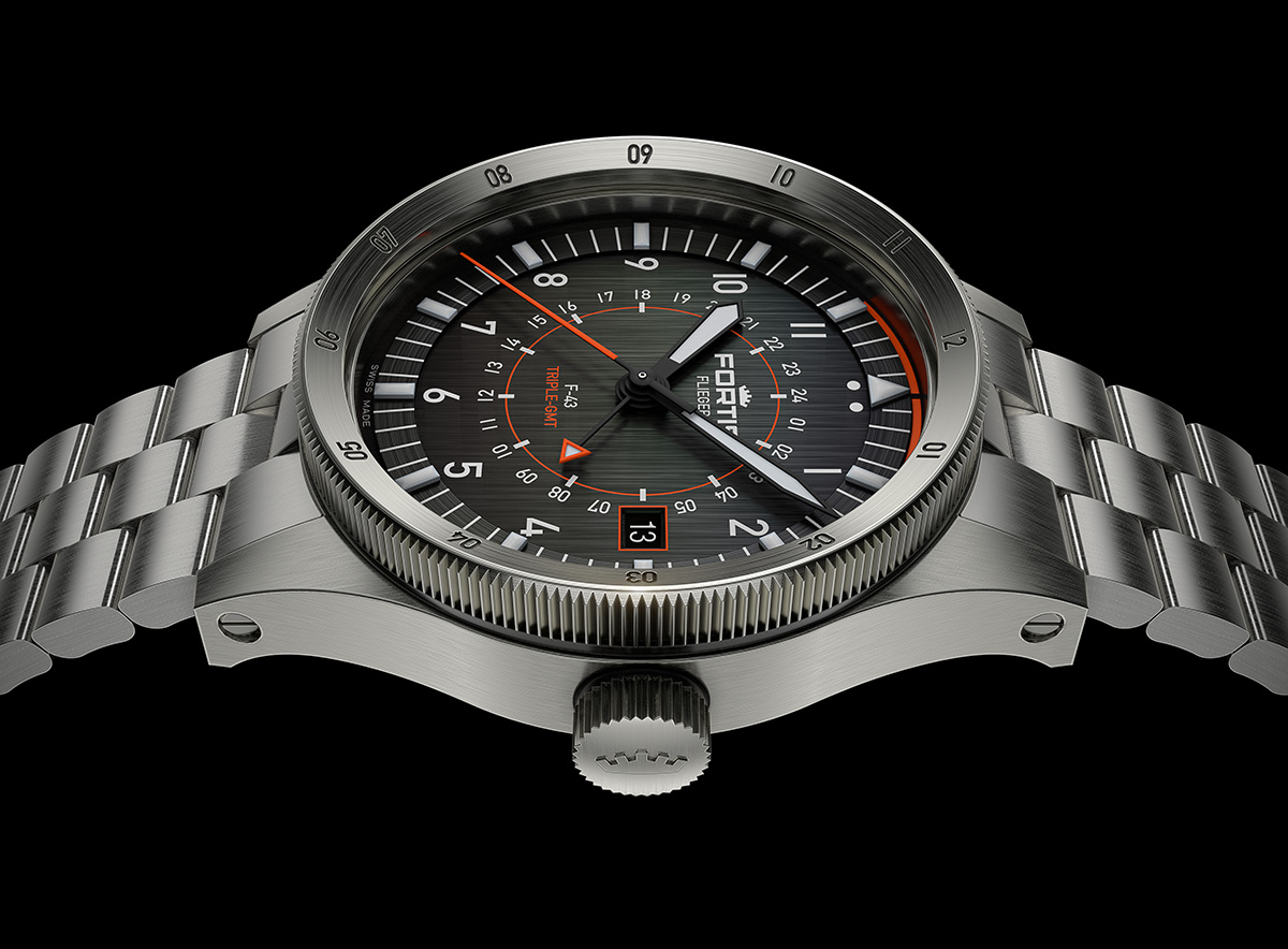 F.426.0000 Flieger F 43 Triple GMT on Block Bracelet Flat Side