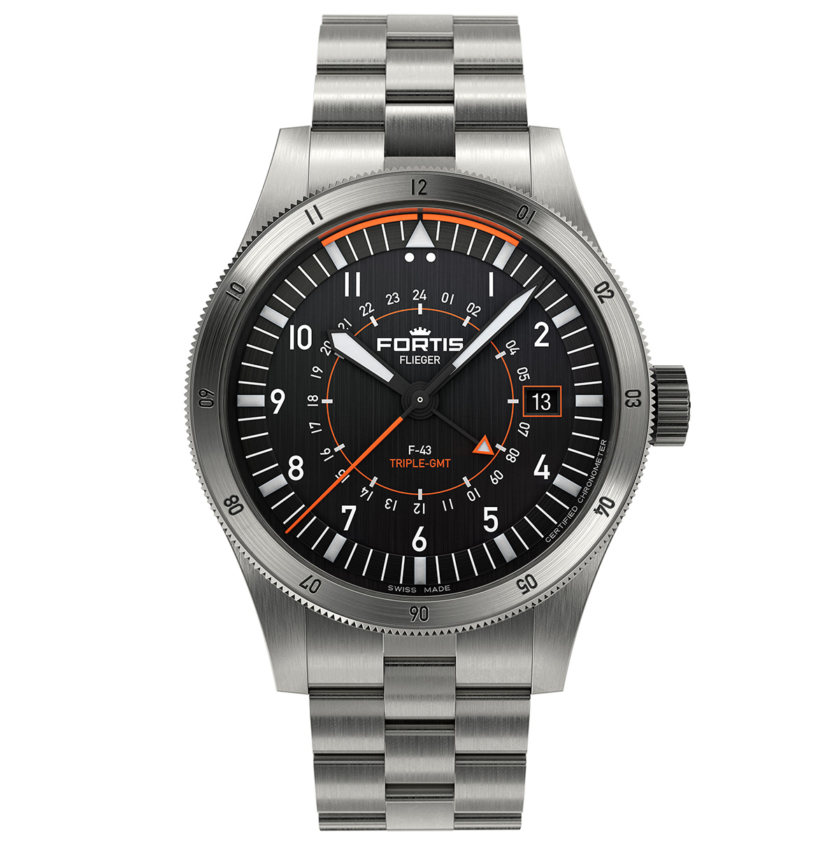 F.426.0000 Flieger F 43 Triple GMT on Block Bracelet Front RGB